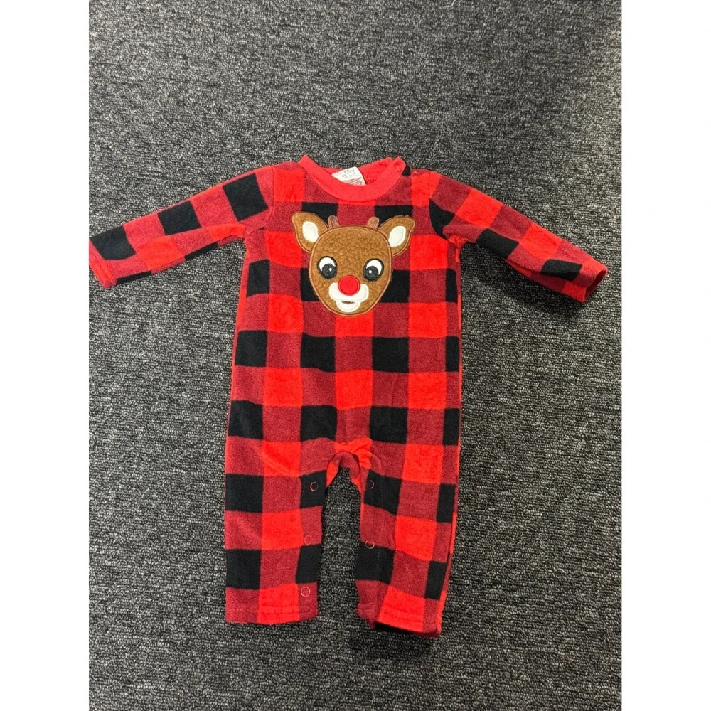 Rudolph the Red Nosed Reindeer‎ Baby Pajamas Red Black Buffalo Check Fleece 3m
